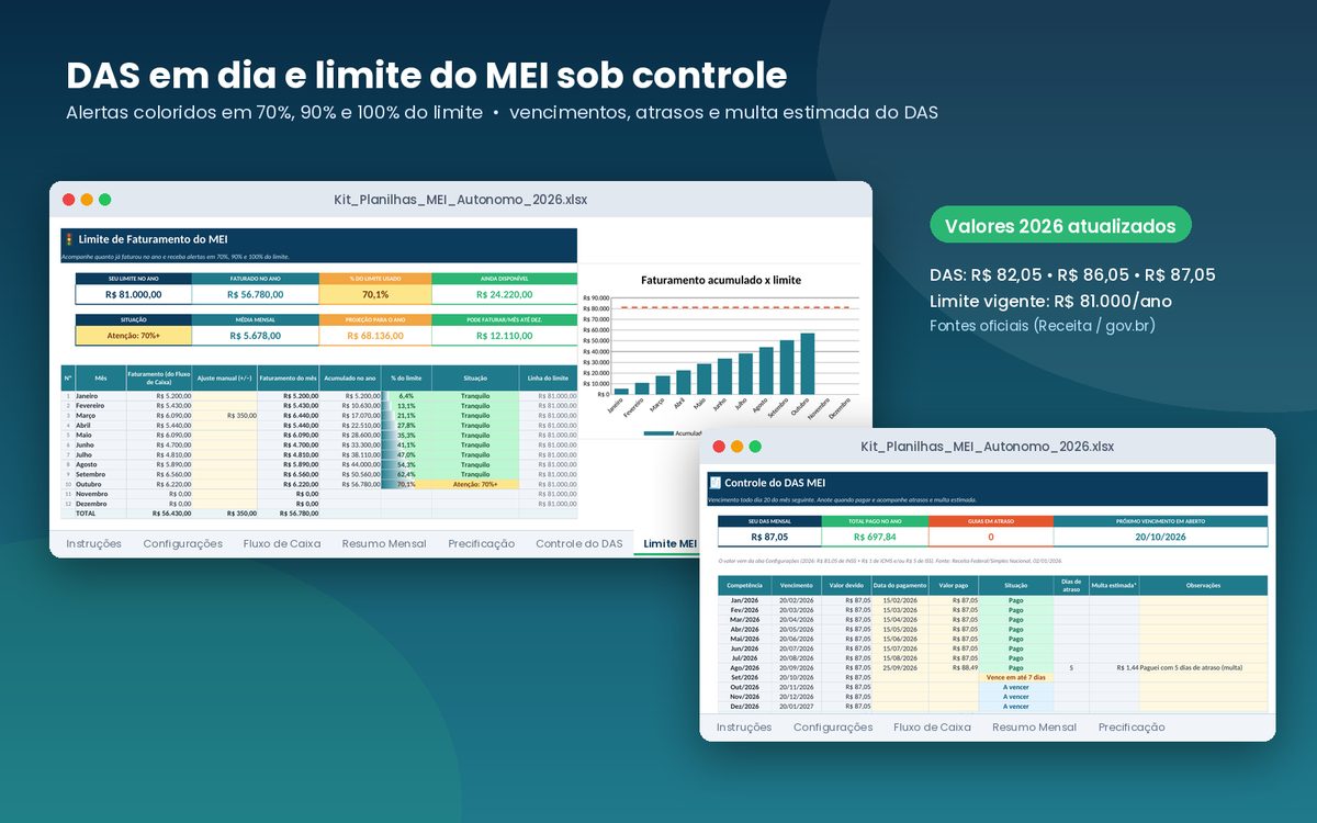 Abas Limite MEI com alertas e Controle do DAS com vencimentos