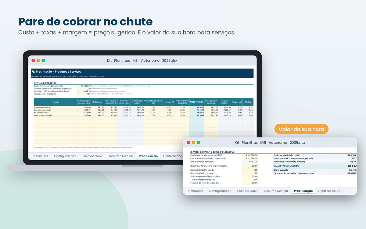 Aba Precificação calculando preço de venda e valor da hora