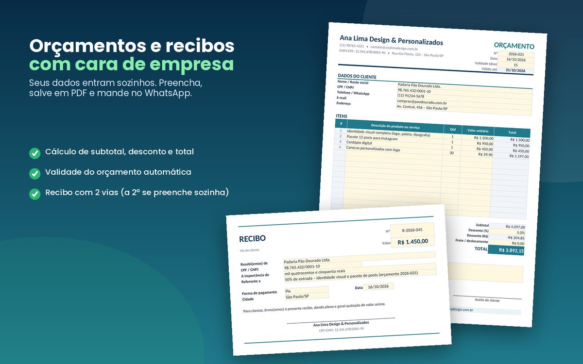 Modelos de Orçamento e Recibo prontos para PDF